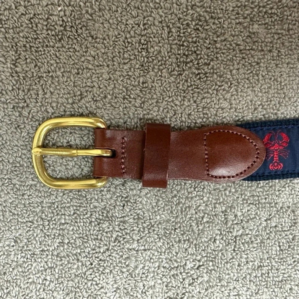 Leather Man Limited Navy Lobster Ribbon Belt Brown Leather Brass Buckle Size 42